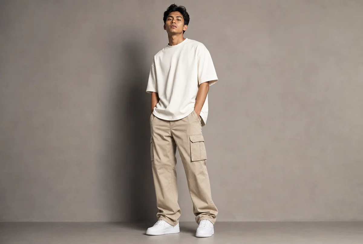 Model wearing the bone tee and cargo with court sneakers