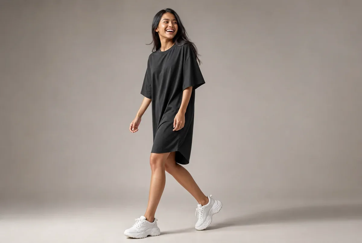 Model wearing the charcoal tee dress with court sneakers