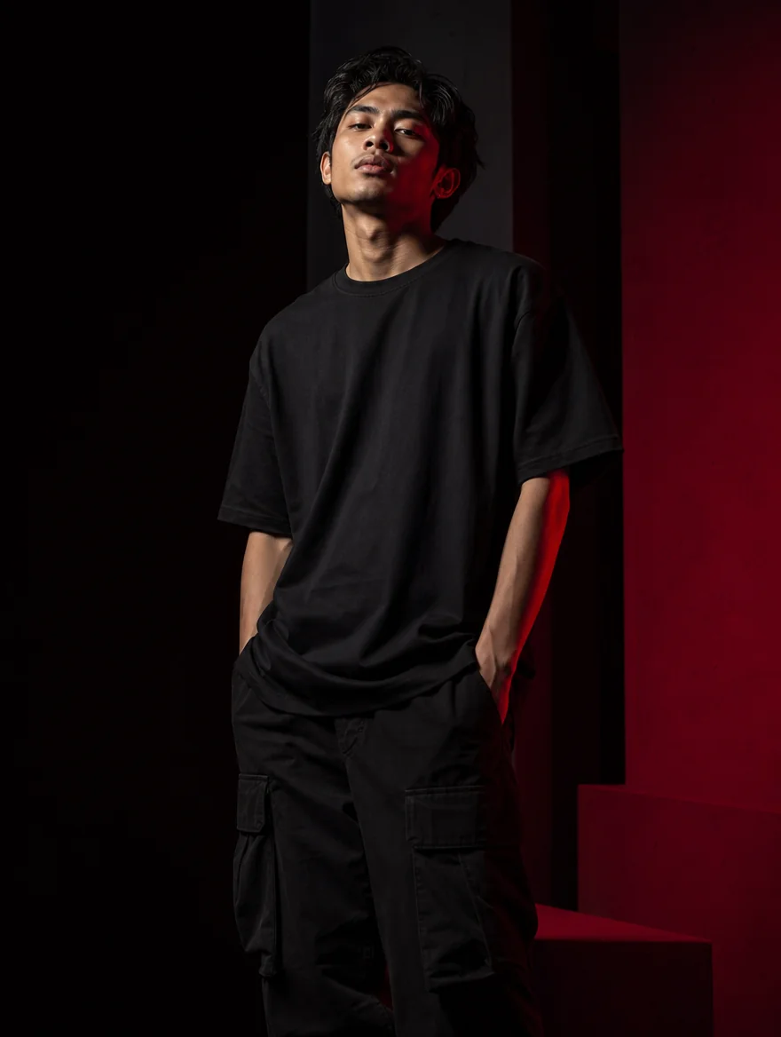 KILA model in the AW26 heavyweight box tee and utility cargo, lit editorial with a crimson wash