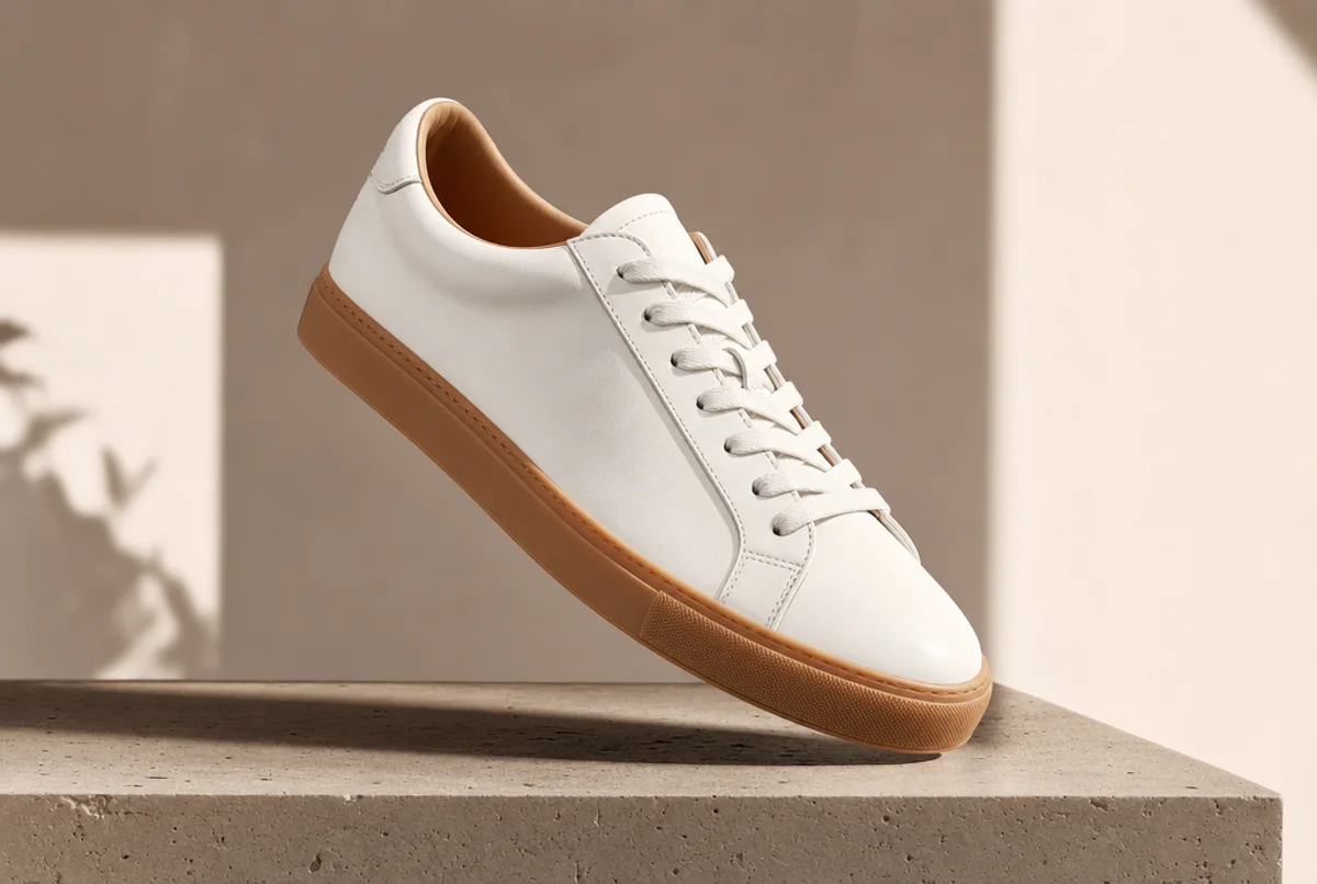 Gum-sole court sneaker in white full-grain leather