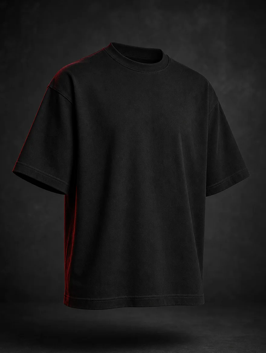 KILA heavyweight box tee in jet black, floating in editorial light