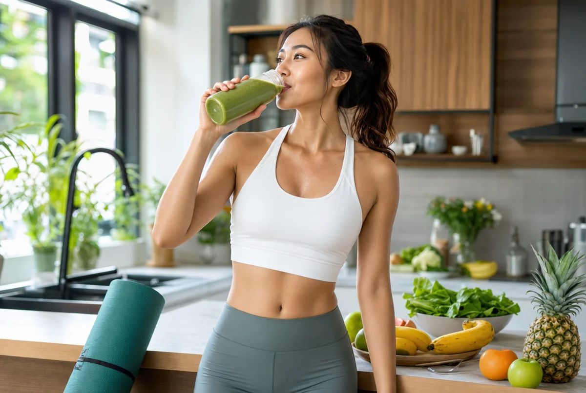A customer with a green smoothie in a bright kitchen