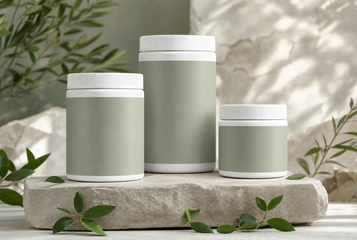 The VITAL Labs jar range on a stone plinth