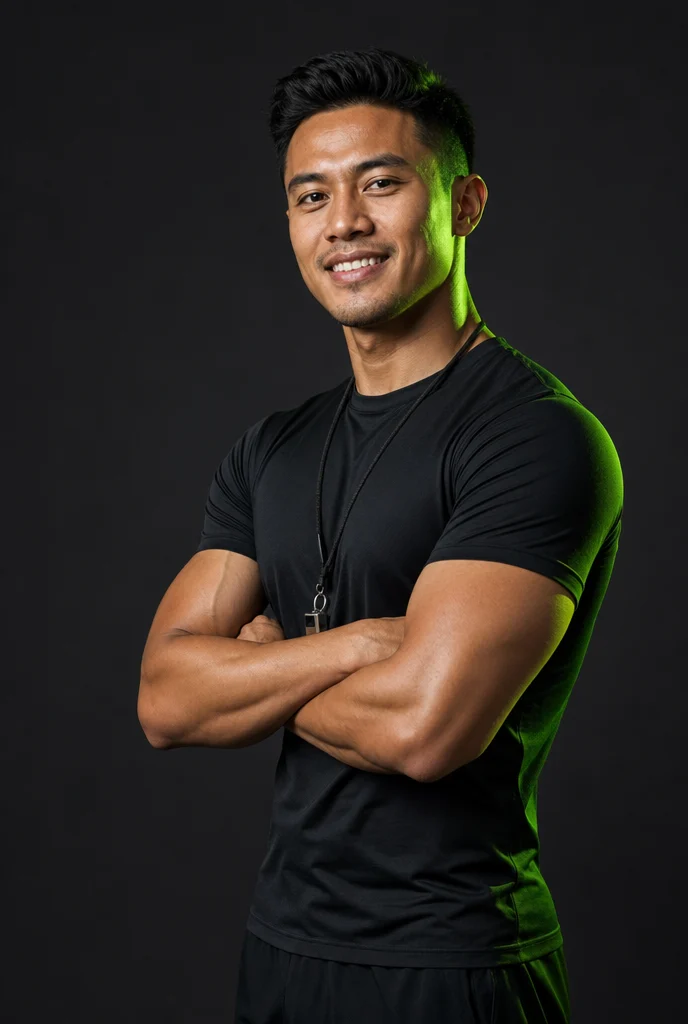Coach Danial, arms crossed against a dark studio backdrop