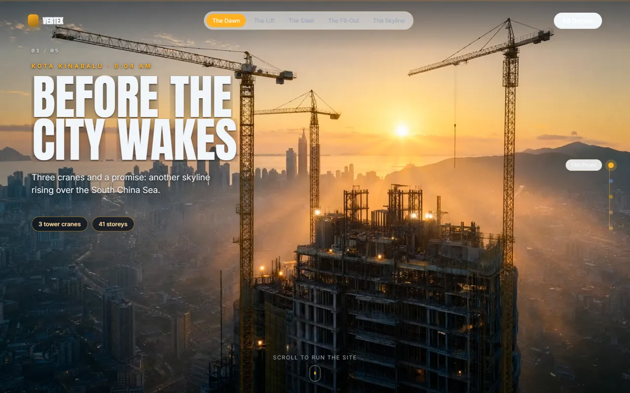 Vertex Construction scroll-cinema demo - dawn cranes over Kota Kinabalu