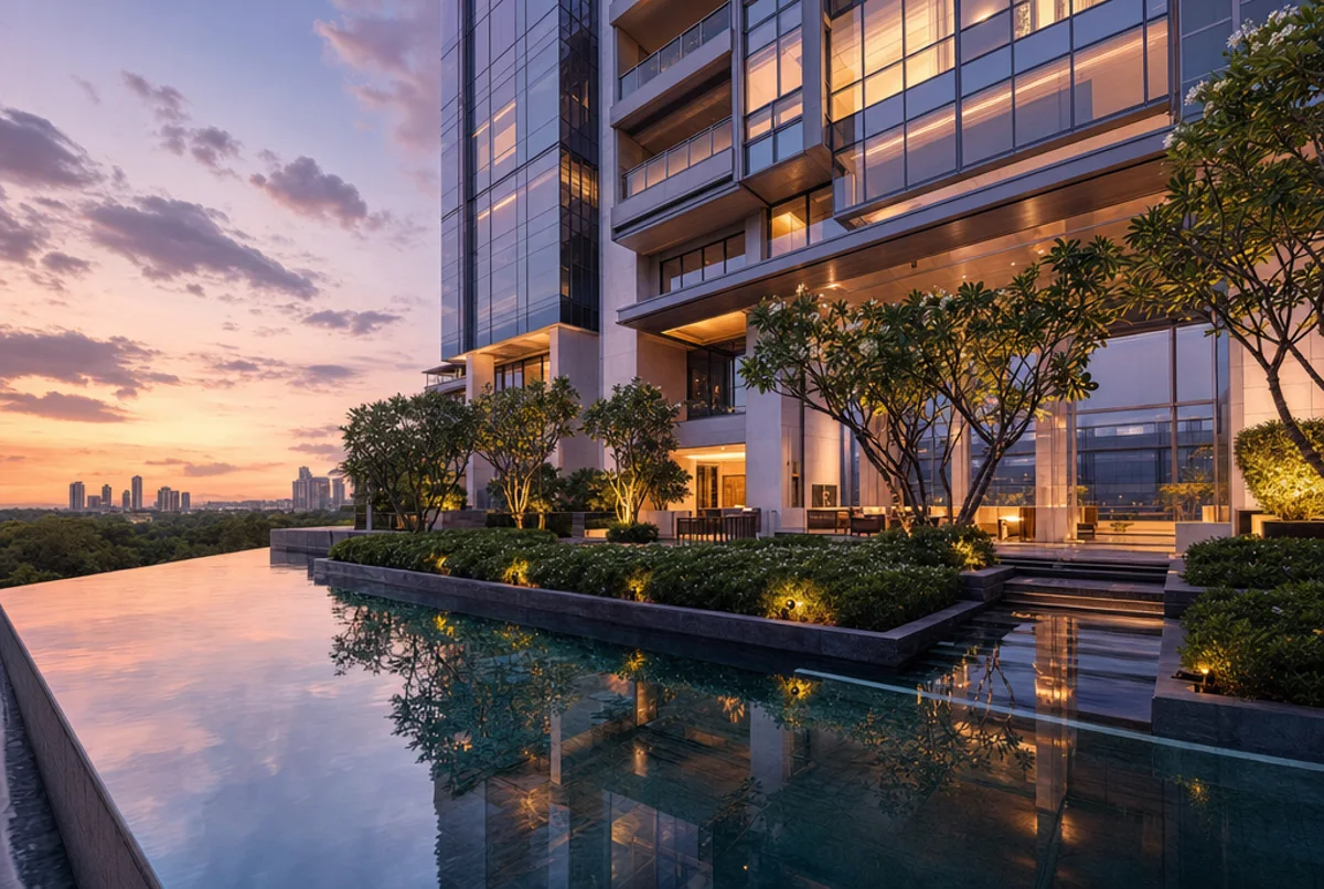 Render of the Sky Residences glass towers