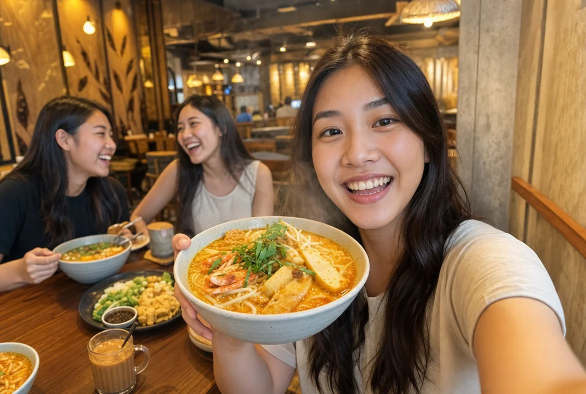 A smiling diner holding up a bowl of Rumah Rasa laksa in a selfie while friends laugh behind her