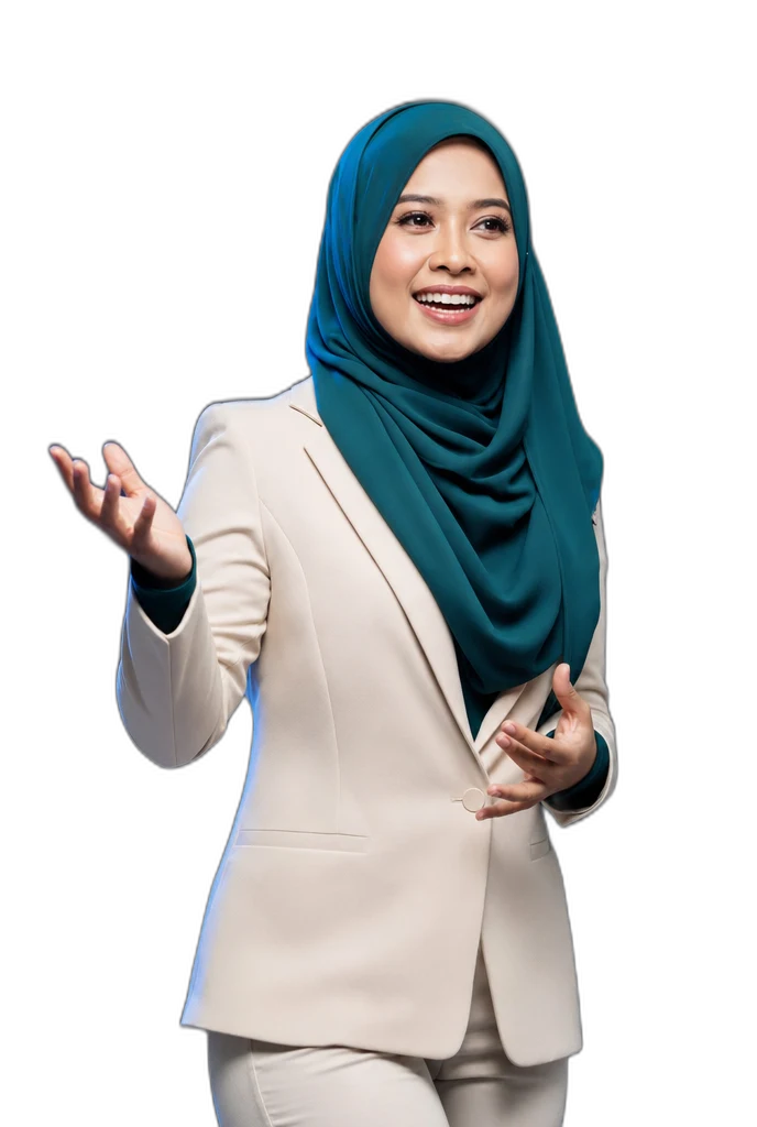 Aisyah Rahman, public-speaking coach and ex-broadcast journalist, mid-presentation