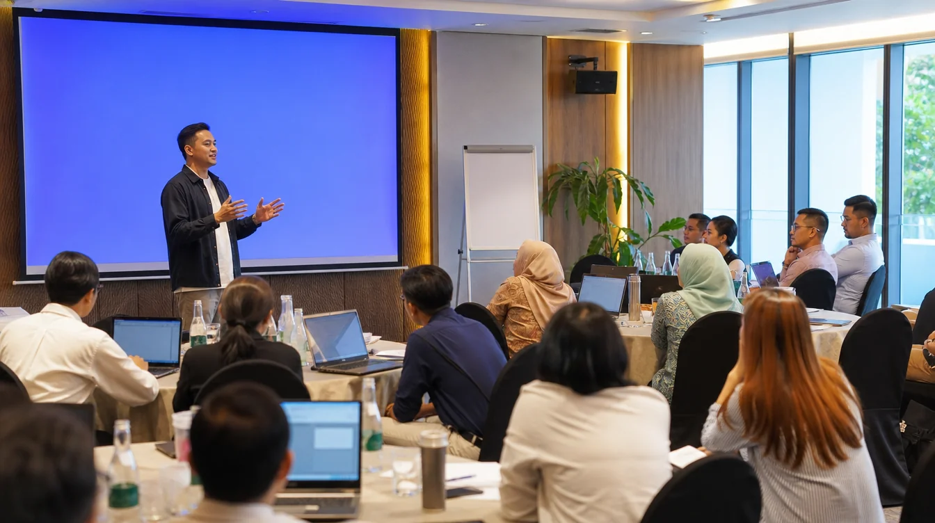 An Akademi Nova facilitator leading a corporate training session in a bright meeting room