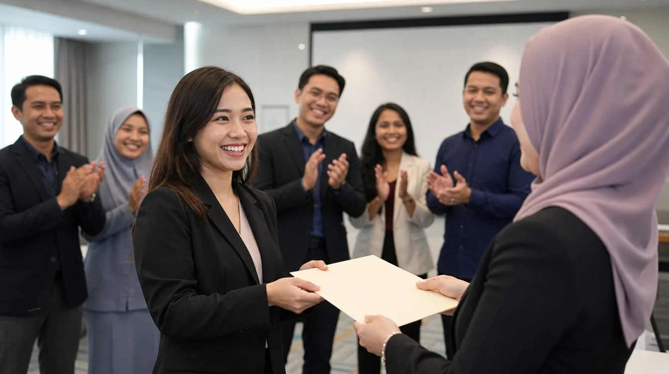 A participant receiving a certificate to applause at a training session